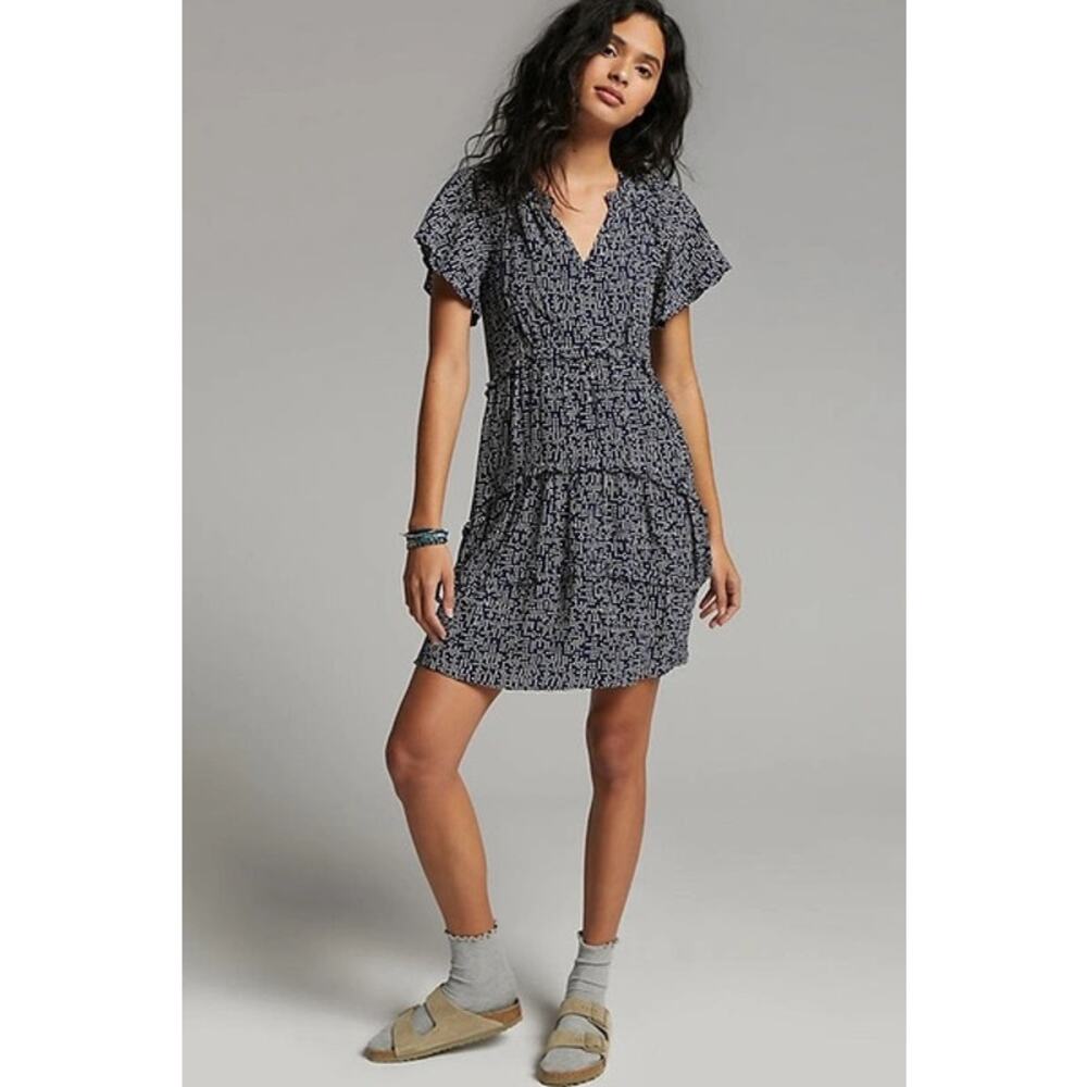 Anthropologie Robin Tiered Mini Dress in Navy White Dot